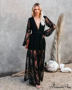 Deep-neck Extended Sleeve Frills Hollow Out Full-length Boho Dress