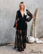 Deep-neck Extended Sleeve Frills Hollow Out Full-length Boho Dress
