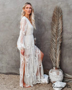 Deep-neck Extended Sleeve Frills Hollow Out Full-length Boho Dress