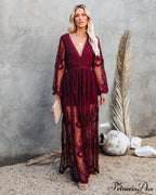 Deep-neck Extended Sleeve Frills Hollow Out Full-length Boho Dress