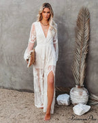 Deep-neck Extended Sleeve Frills Hollow Out Full-length Boho Dress