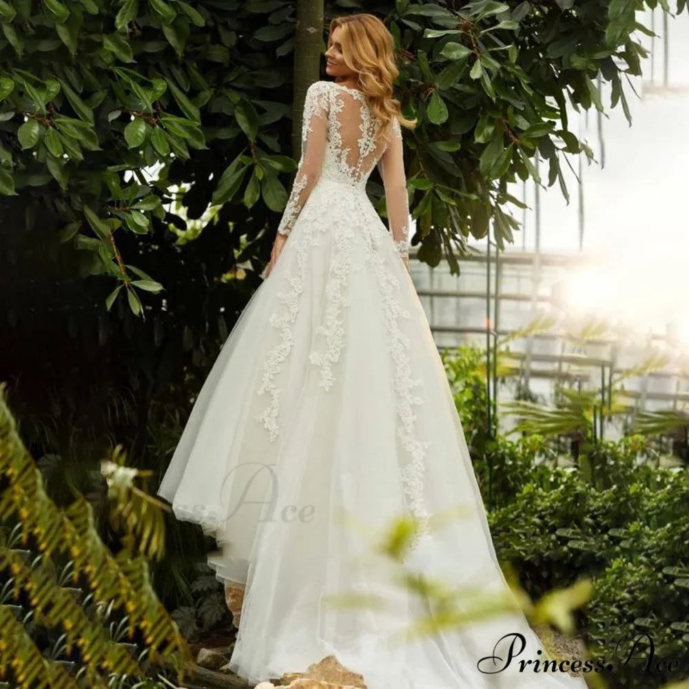 Deep Neck Extended Sleeve Transparent Wedding Gown