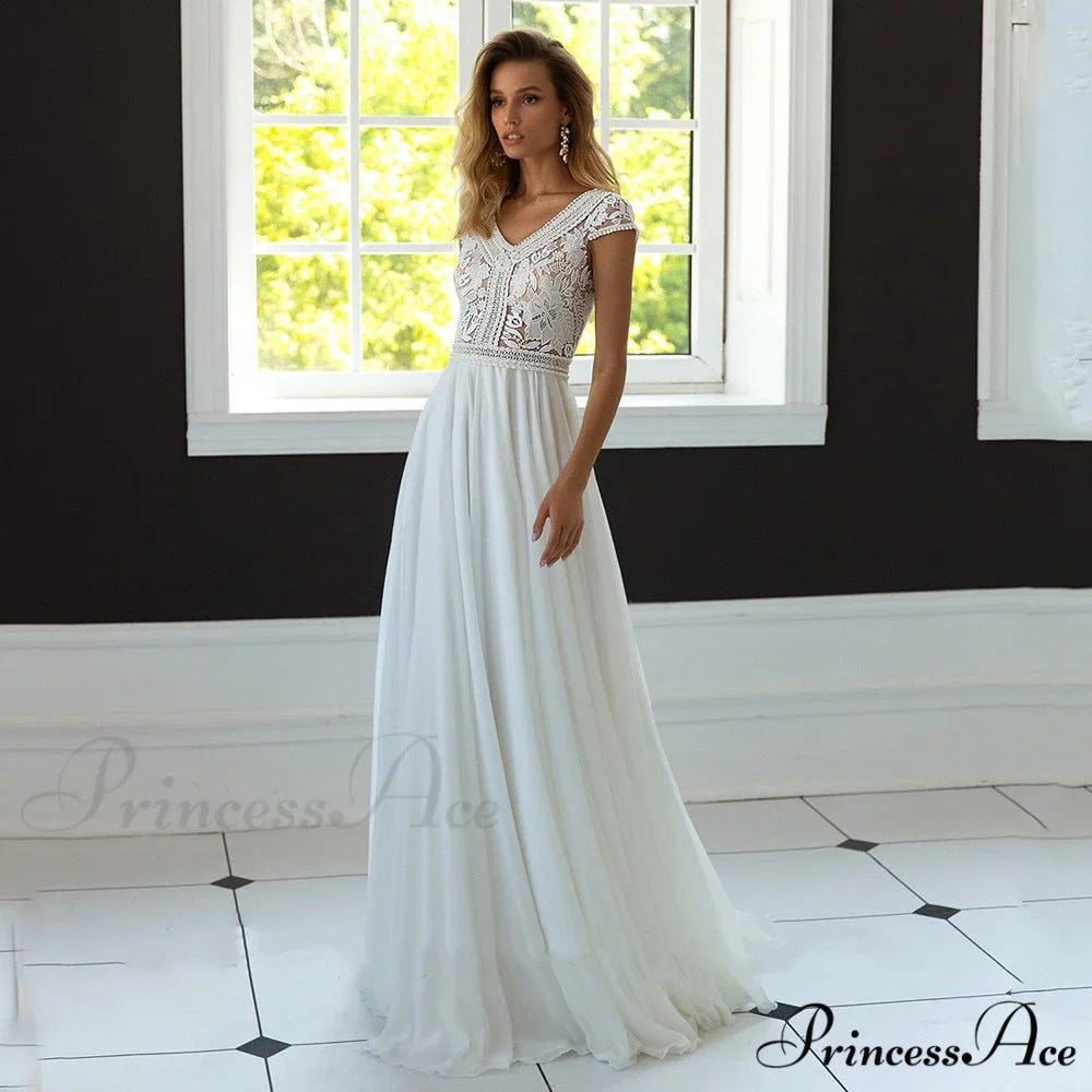 Deep-Neck Flared Chiffon Bridal Wedding Dress