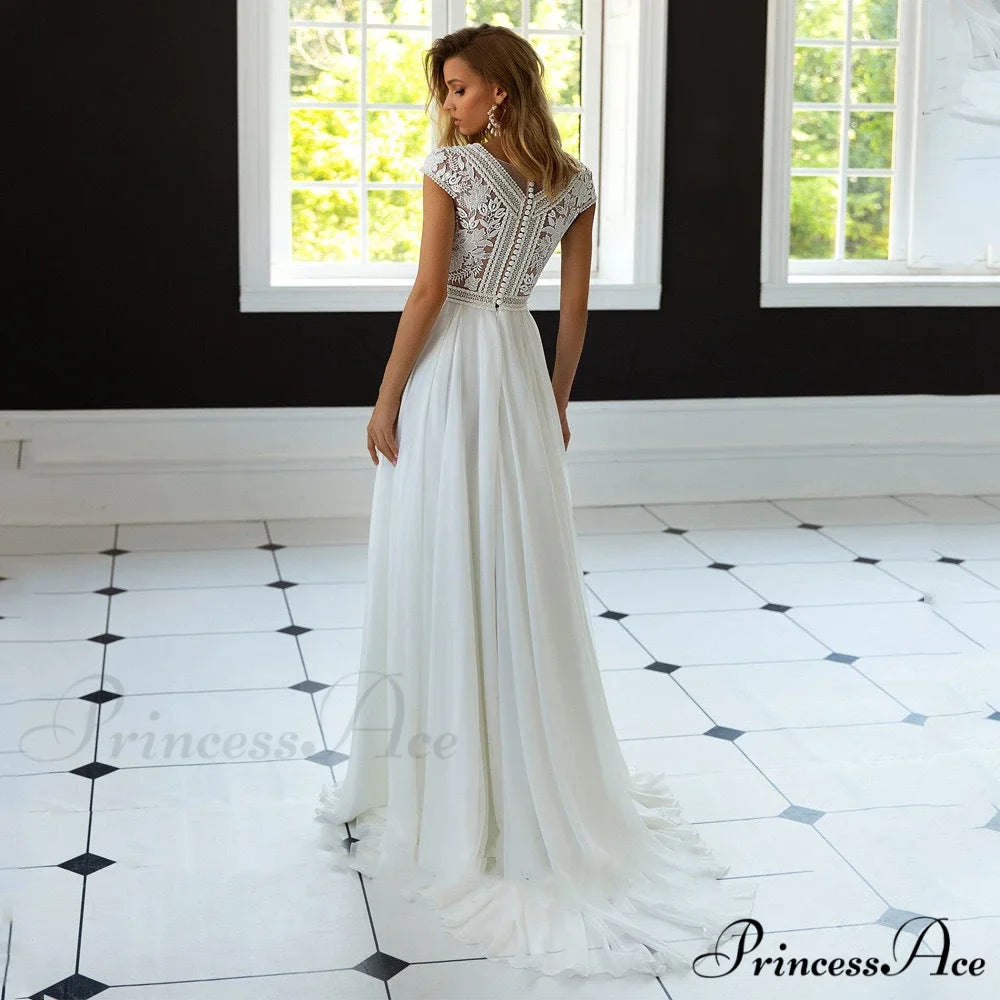 Deep-Neck Flared Chiffon Bridal Wedding Dress