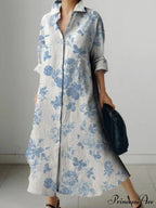 Deep-neck Flower Design Buttoned Extended Sleeve Dress