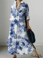 Deep-neck Flower Design Buttoned Extended Sleeve Dress