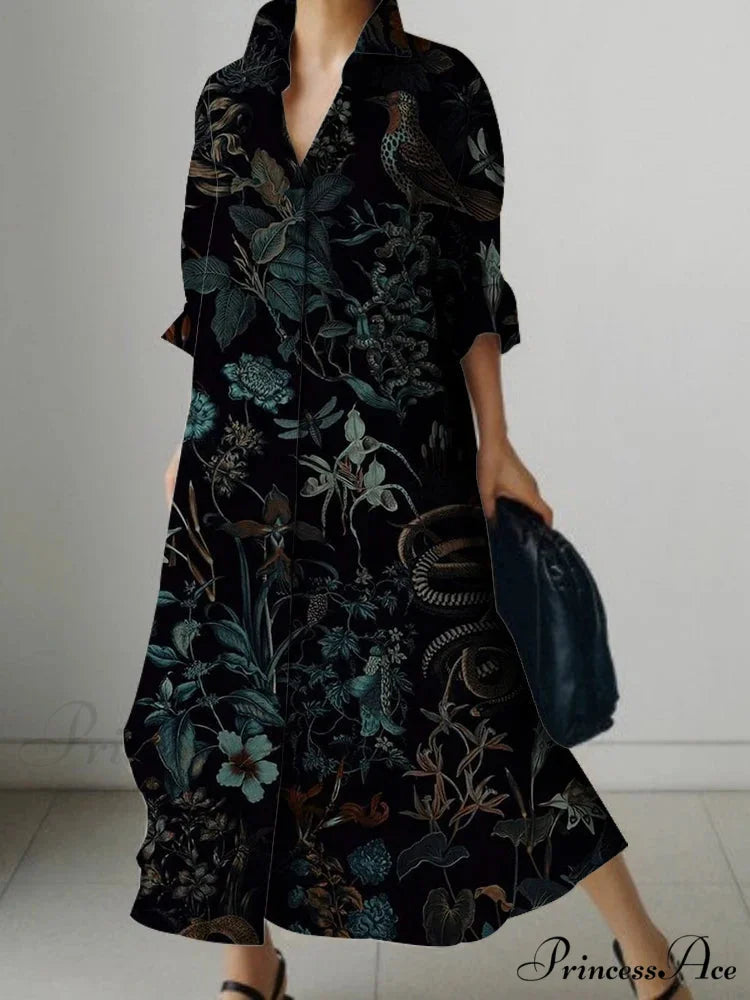 Deep-neck Flower Design Buttoned Extended Sleeve Dress
