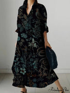 Deep-neck Flower Design Buttoned Extended Sleeve Dress