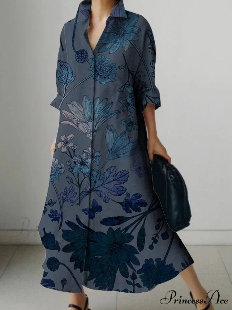 Deep-neck Flower Design Buttoned Extended Sleeve Dress