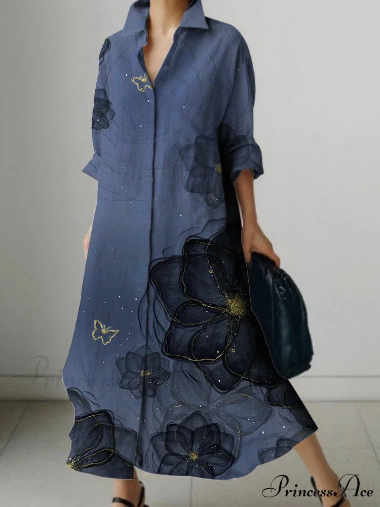 Deep-neck Flower Design Buttoned Extended Sleeve Dress