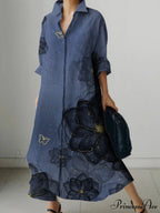 Deep-neck Flower Design Buttoned Extended Sleeve Dress