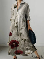 Deep-neck Flower Design Buttoned Extended Sleeve Dress