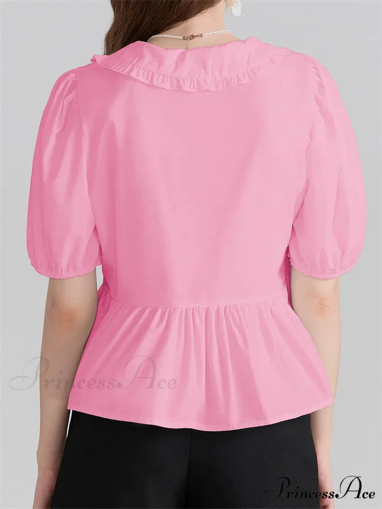 Deep-neck Front Ribbon Tie-Up Blouse