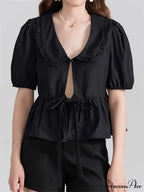 Deep-neck Front Ribbon Tie-Up Blouse