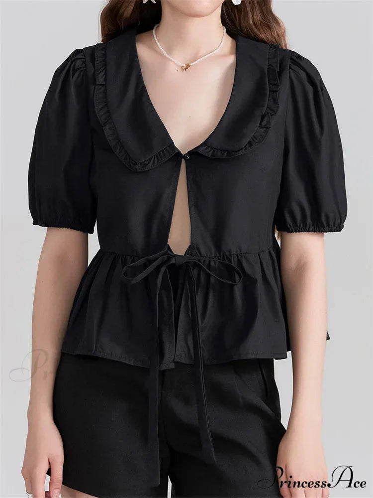 Deep-neck Front Ribbon Tie-Up Blouse