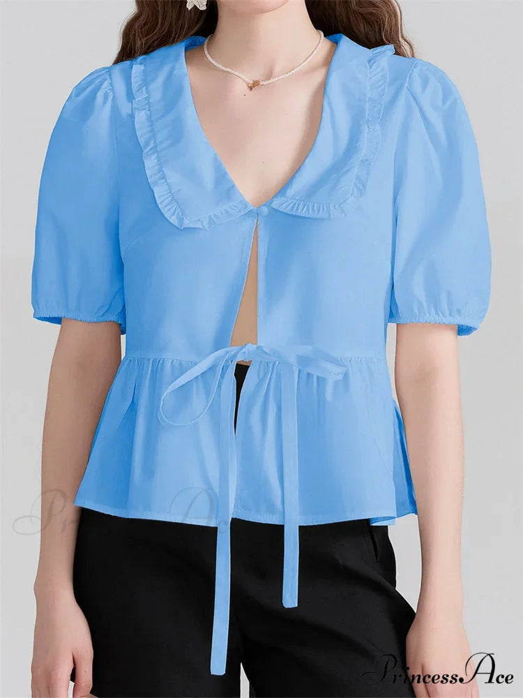 Deep-neck Front Ribbon Tie-Up Blouse
