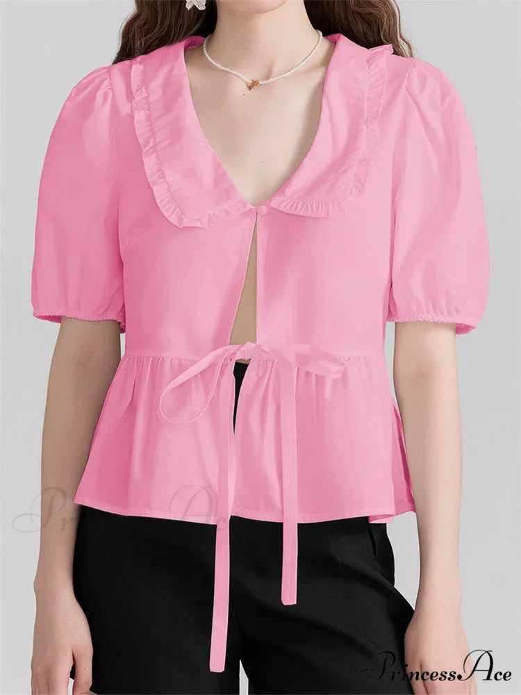 Deep-neck Front Ribbon Tie-Up Blouse