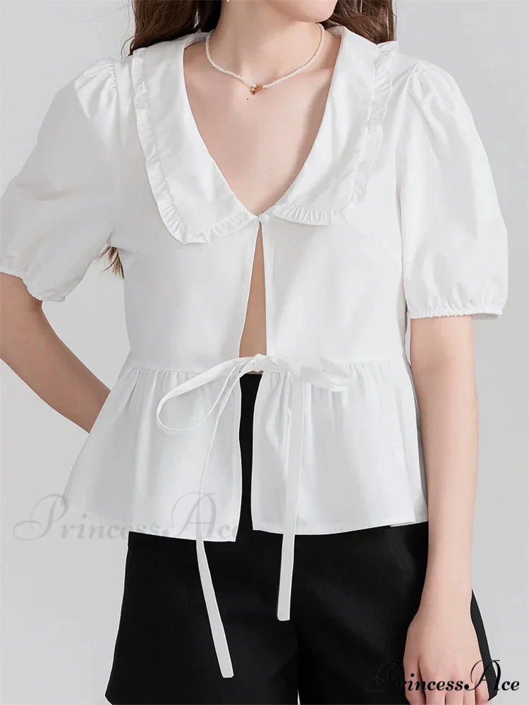 Deep-neck Front Ribbon Tie-Up Blouse