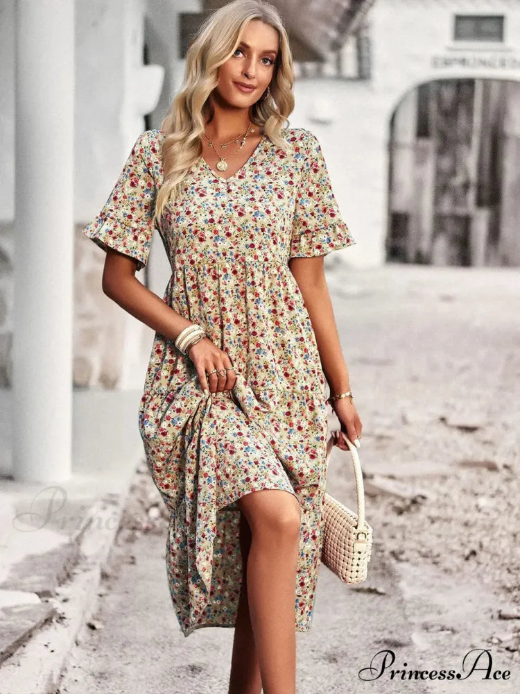 Deep-neck Graceful Flower Pattern A-line Vacation Dress