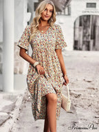 Deep-neck Graceful Flower Pattern A-line Vacation Dress