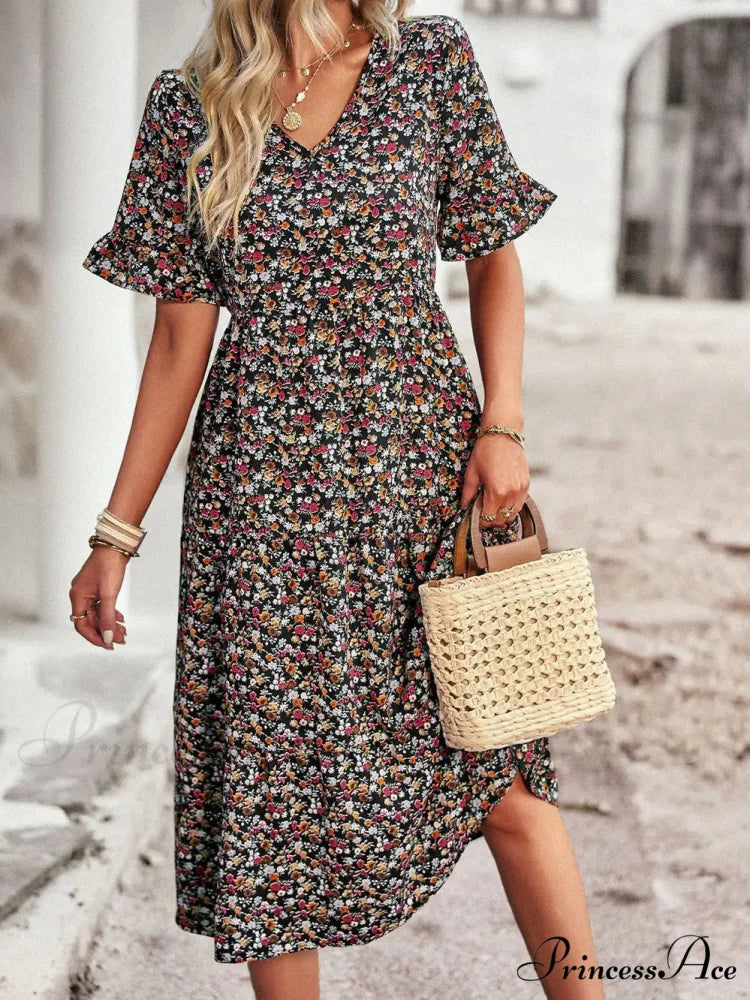 Deep-neck Graceful Flower Pattern A-line Vacation Dress