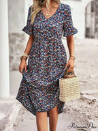Deep-neck Graceful Flower Pattern A-line Vacation Dress