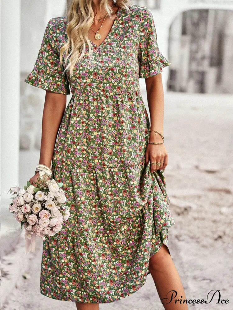 Deep-neck Graceful Flower Pattern A-line Vacation Dress