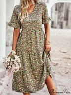 Deep-neck Graceful Flower Pattern A-line Vacation Dress