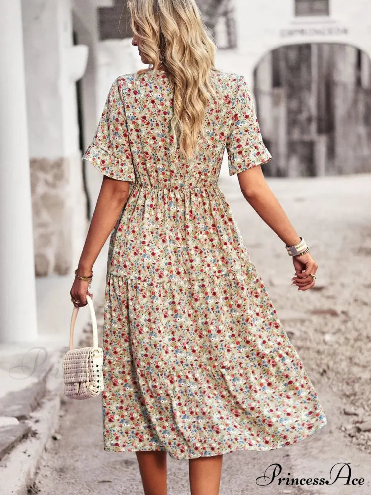 Deep-neck Graceful Flower Pattern A-line Vacation Dress