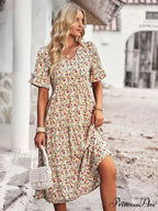 Deep-neck Graceful Flower Pattern A-line Vacation Dress