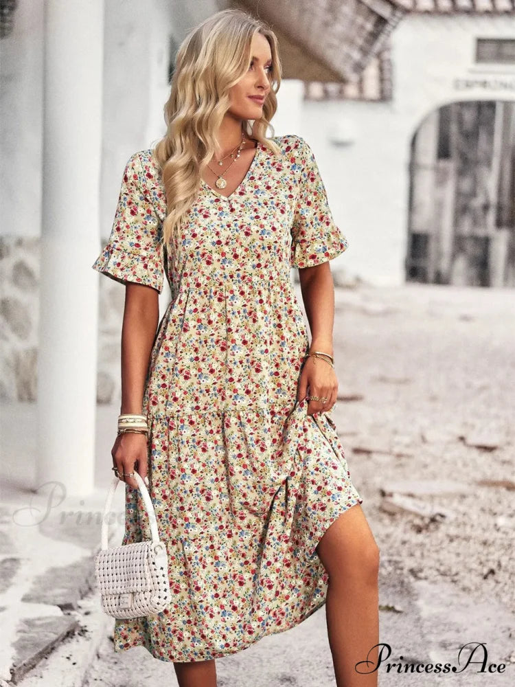 Deep-neck Graceful Flower Pattern A-line Vacation Dress