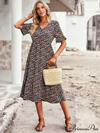 Deep-neck Graceful Flower Pattern A-line Vacation Dress