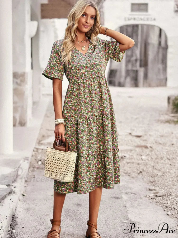 Deep-neck Graceful Flower Pattern A-line Vacation Dress