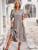 Deep-neck Graceful Flower Pattern A-line Vacation Dress