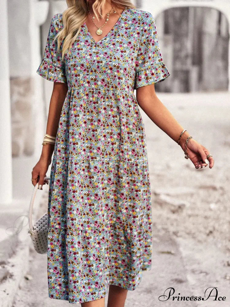 Deep-neck Graceful Flower Pattern A-line Vacation Dress