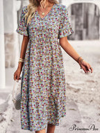 Deep-neck Graceful Flower Pattern A-line Vacation Dress