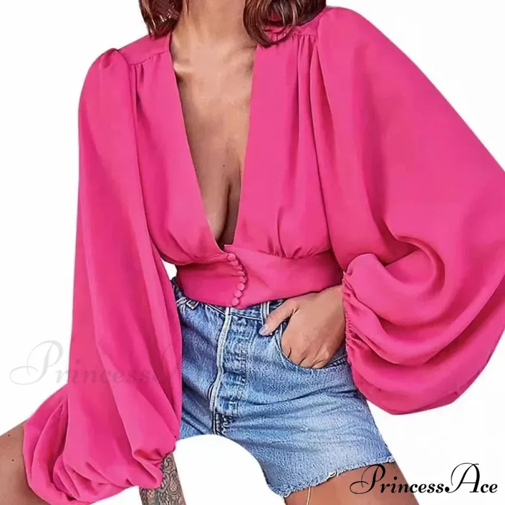 Deep-neck High Waist Lantern Sleeve Silk Blouse