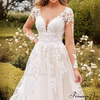 Deep-Neck Lace Flared Wedding Gown