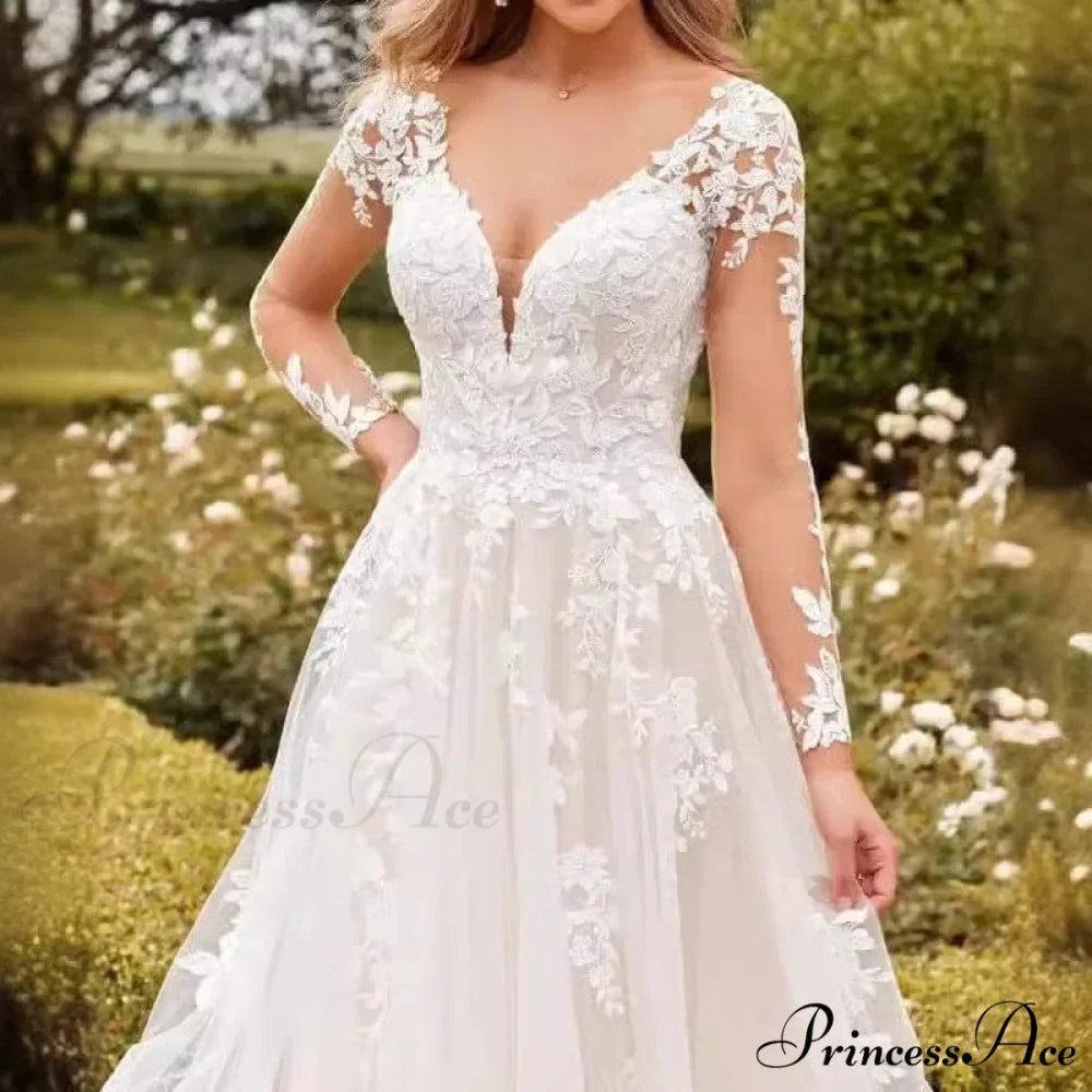 Deep-Neck Lace Flared Wedding Gown