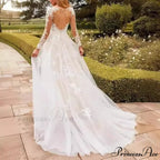 Deep-Neck Lace Flared Wedding Gown