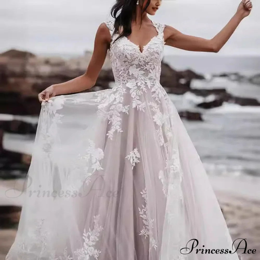 Deep-Neck Lace Flared Wedding Gown