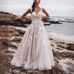 Deep-Neck Lace Flared Wedding Gown