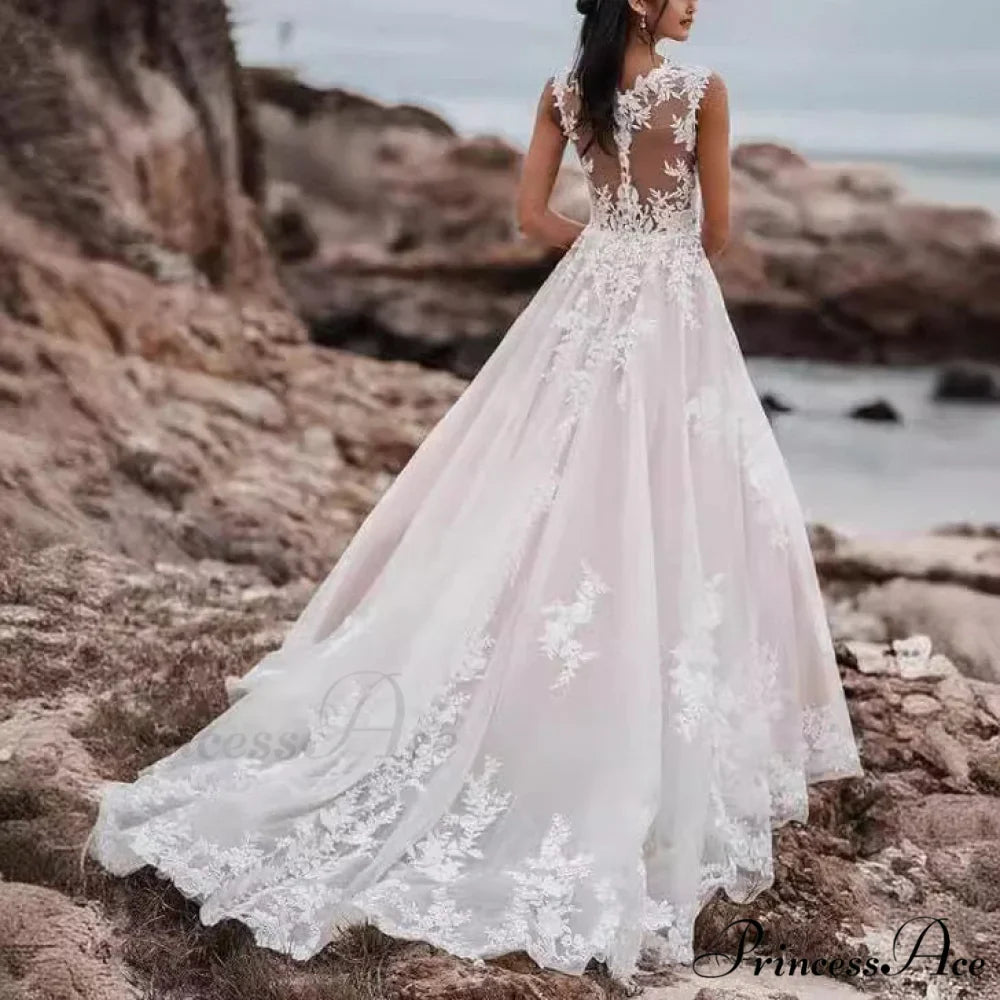 Deep-Neck Lace Flared Wedding Gown