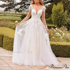 Deep-Neck Lace Flared Wedding Gown