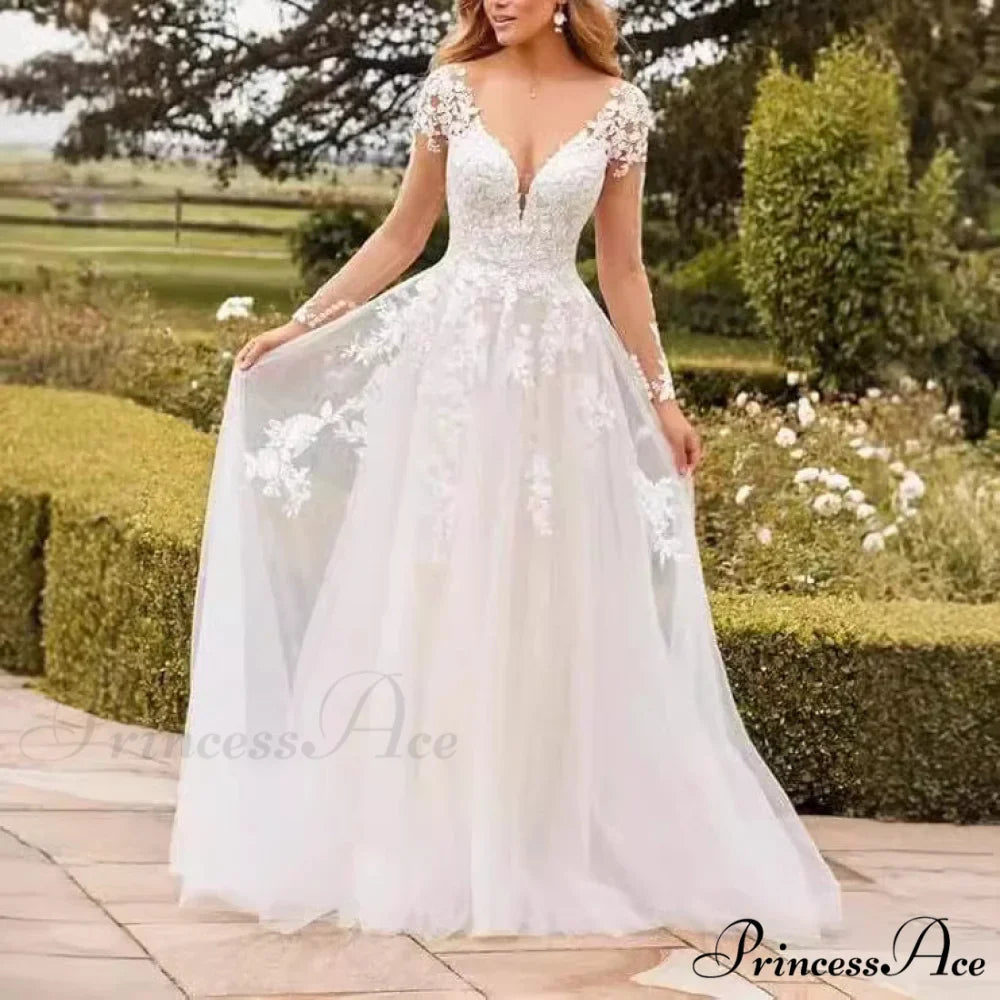 Deep-Neck Lace Flared Wedding Gown