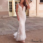 Deep-Neck Lace Mermaid Bridal Wedding Gown