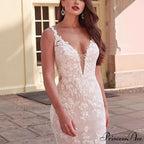 Deep-Neck Lace Mermaid Bridal Wedding Gown
