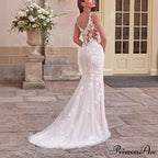 Deep-Neck Lace Mermaid Bridal Wedding Gown
