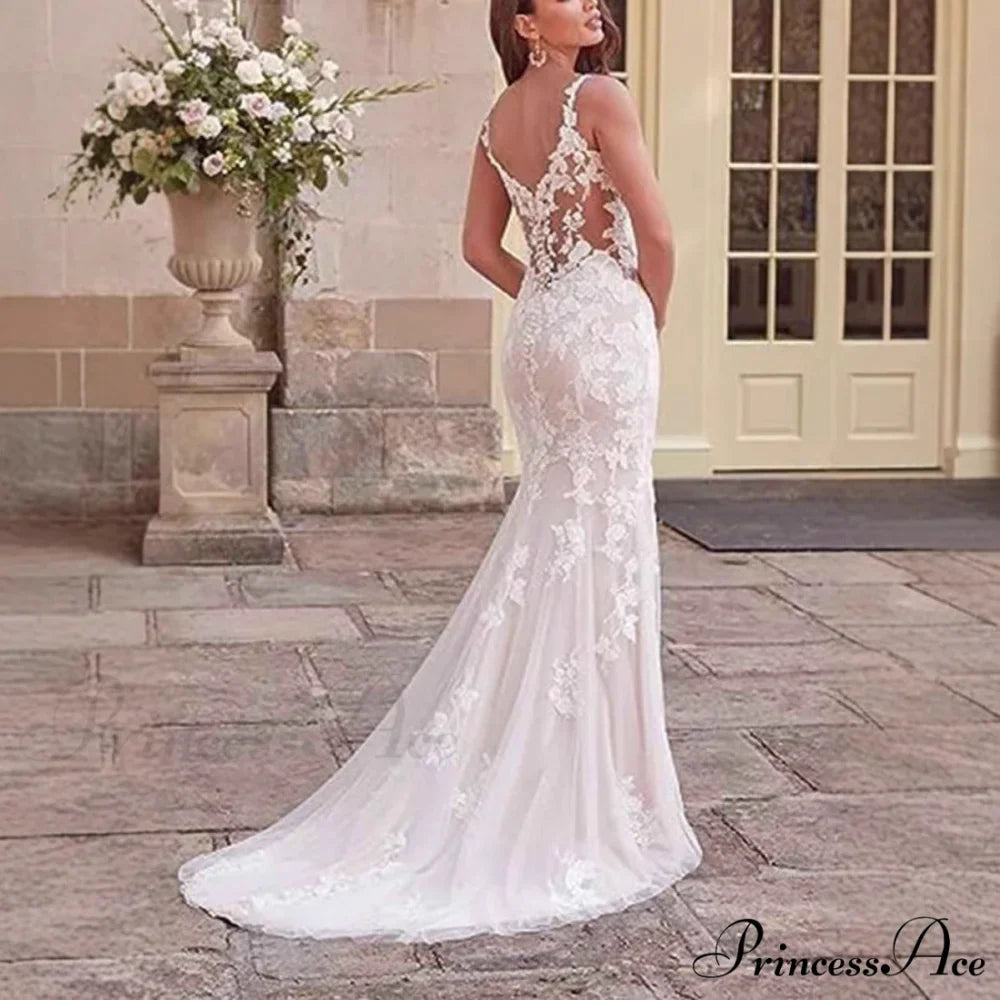 Deep-Neck Lace Mermaid Bridal Wedding Gown