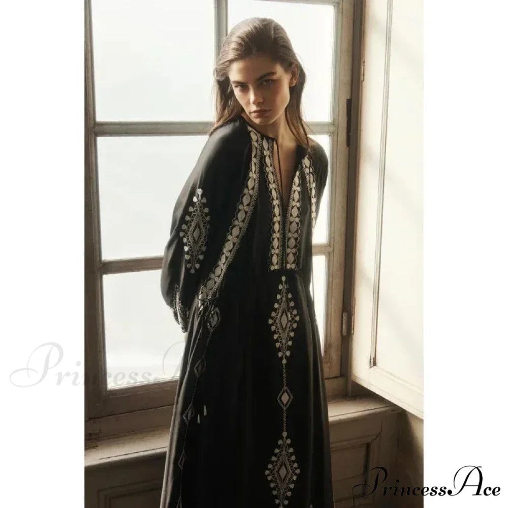 Deep-neck Lantern Sleeve Loose Fit Cotton Bohemian Dress